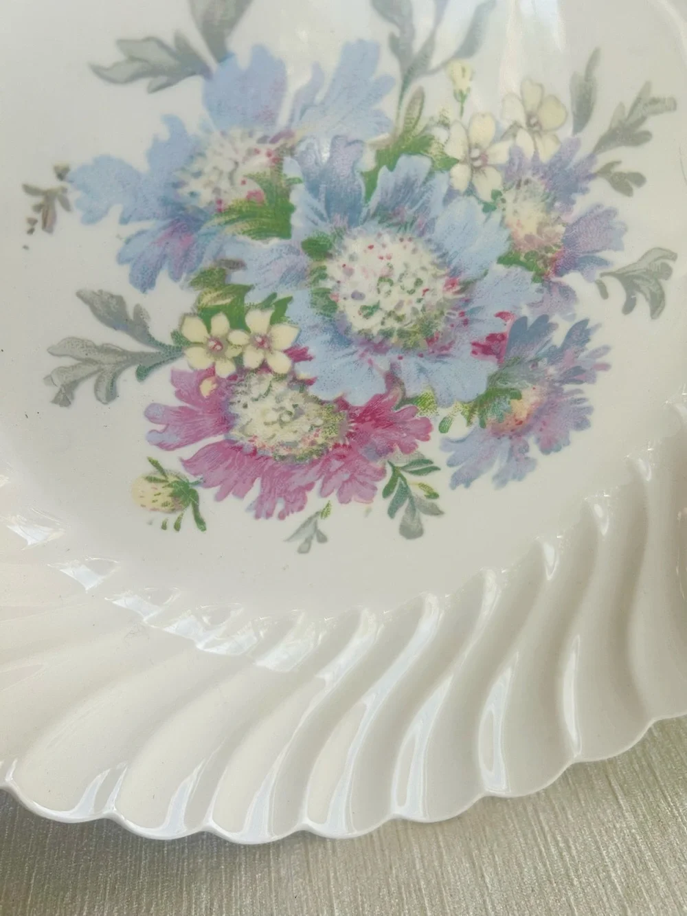 VINTAGE dish by royal china in honey lee pattern. floral blue purple swirl edge
